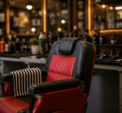 A red and black leather barber chair with a striped towel over the arm, mirrors behind