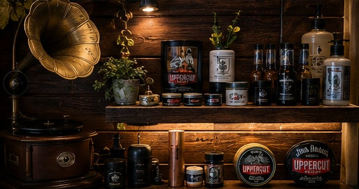 A brass horn gramophone beside a lit shelf of Uppercut and muk styling products