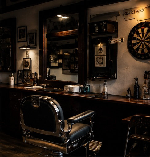 A chrome and black barber chair facing a run of framed mirrors, with a dartboard on the wall