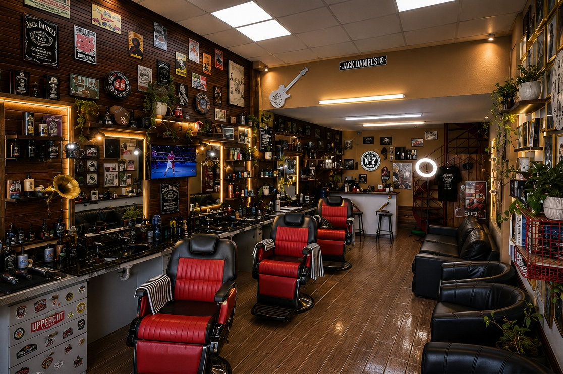 The JD Barber Shop floor: three red leather chairs facing a mirrored counter, wood-panelled walls covered in framed prints and Jack Daniel's memorabilia, black leather sofas along the far wall