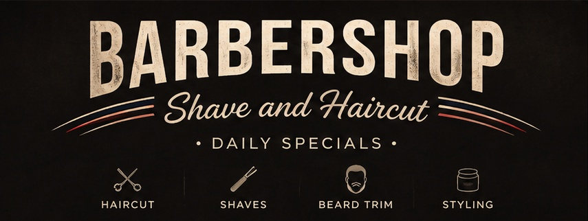 Painted shop sign reading Barbershop, Shave and Haircut, Daily Specials, with icons for haircut, shaves, beard trim and styling