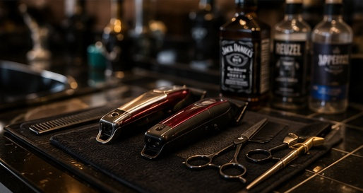 Two clippers, scissors and a comb laid out on the black counter beside bottles of Jack Daniel's and Reuzel